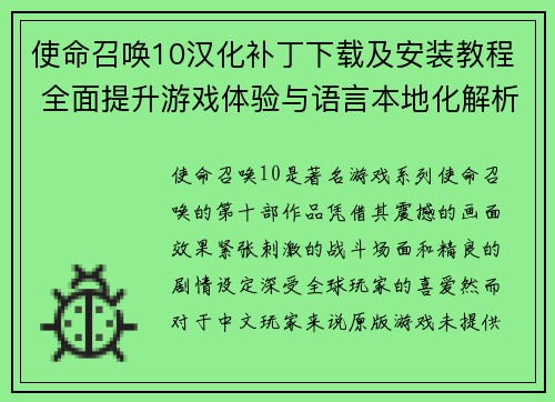 使命召唤10汉化补丁下载及安装教程 全面提升游戏体验与语言本地化解析